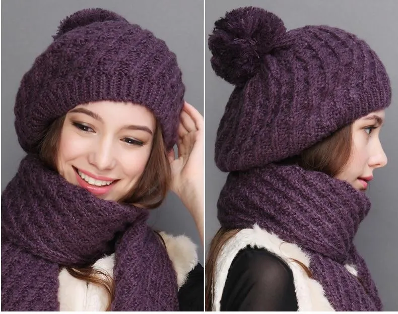 Women's Autumn Winter Knitted Elegant Casual Fashion Scarf Sets & Hats