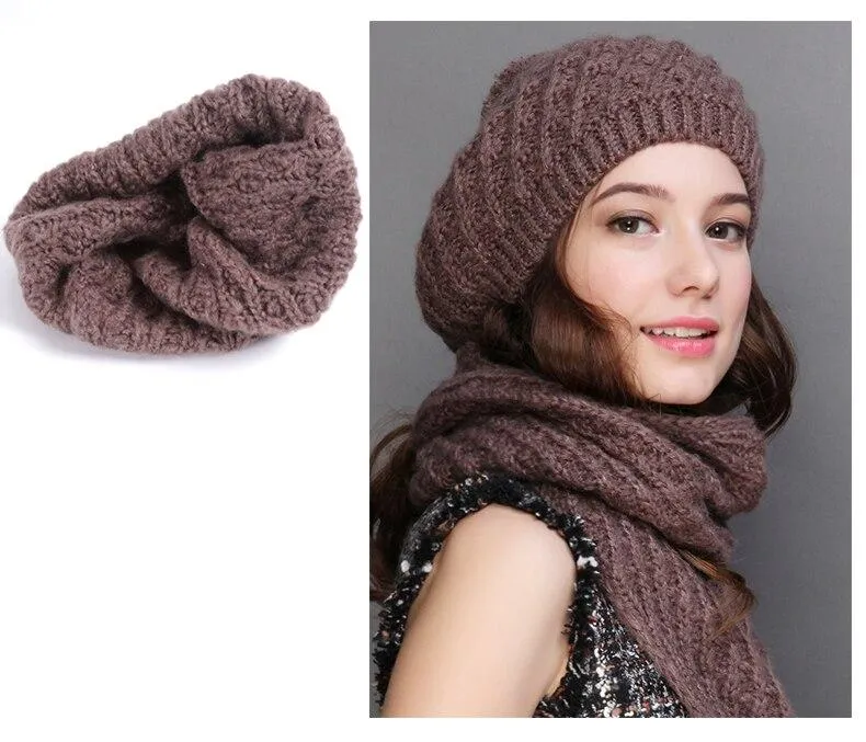 Women's Autumn Winter Knitted Elegant Casual Fashion Scarf Sets & Hats