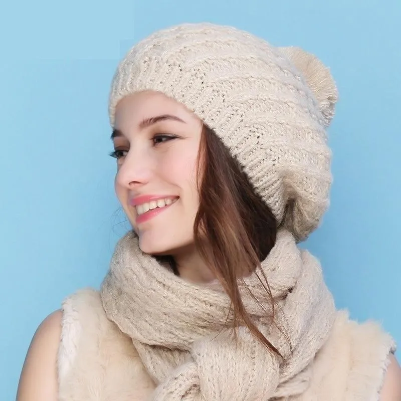 Women's Autumn Winter Knitted Elegant Casual Fashion Scarf Sets & Hats