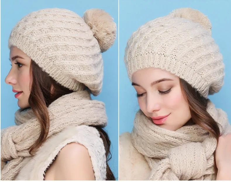 Women's Autumn Winter Knitted Elegant Casual Fashion Scarf Sets & Hats