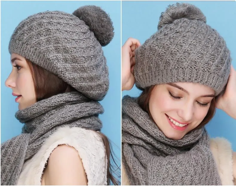 Women's Autumn Winter Knitted Elegant Casual Fashion Scarf Sets & Hats