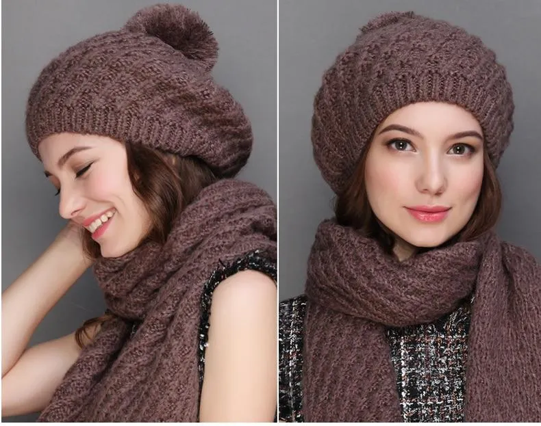 Women's Autumn Winter Knitted Elegant Casual Fashion Scarf Sets & Hats