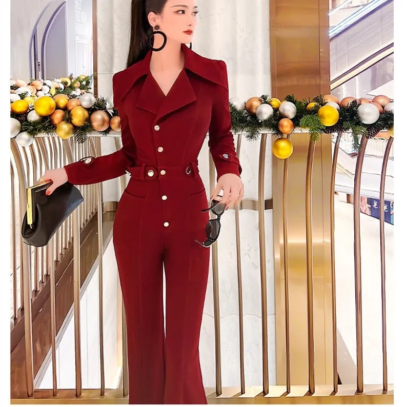 Women's Casual Fashion Solid Wine Red Office High Waist Jumpsuits