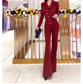 Women's Casual Fashion Solid Wine Red Office High Waist Jumpsuits