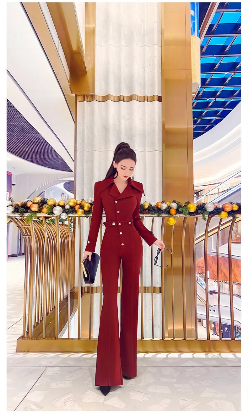 Women's Casual Fashion Solid Wine Red Office High Waist Jumpsuits