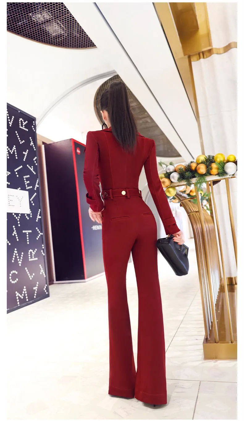 Women's Casual Fashion Solid Wine Red Office High Waist Jumpsuits