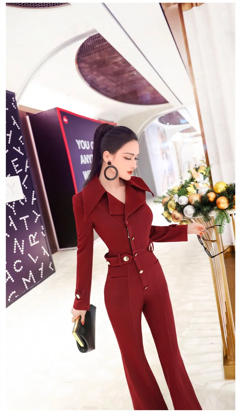 Women's Casual Fashion Solid Wine Red Office High Waist Jumpsuits