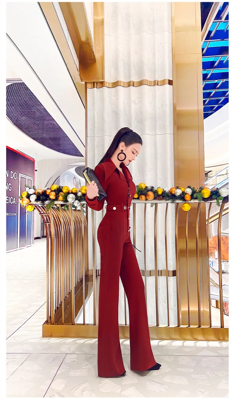 Women's Casual Fashion Solid Wine Red Office High Waist Jumpsuits