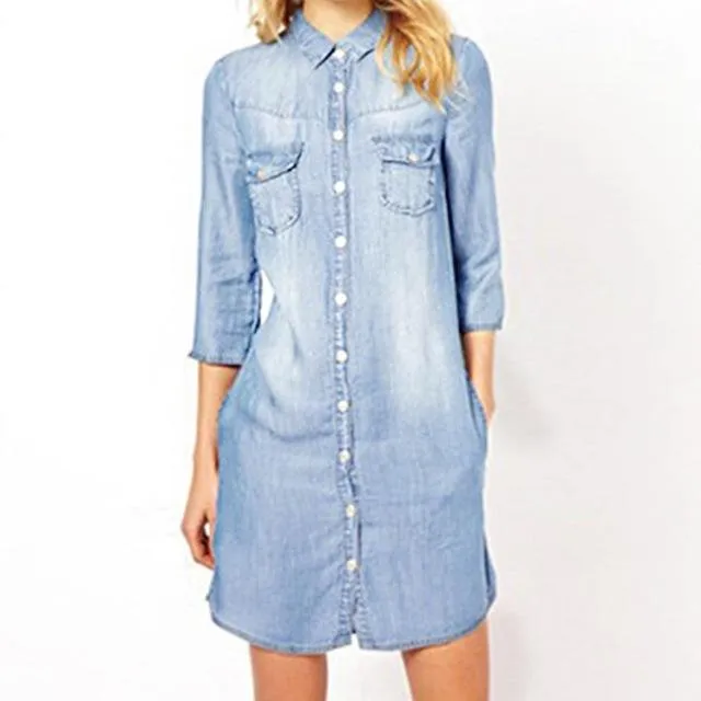 Women's Casual Solid Denim Big Button Loose Mini Dress