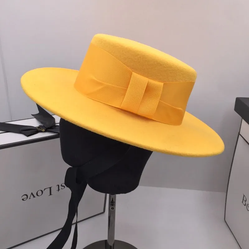 Women's Casual Winter Yellow Wool Flat Wide Brim Fashion Hats