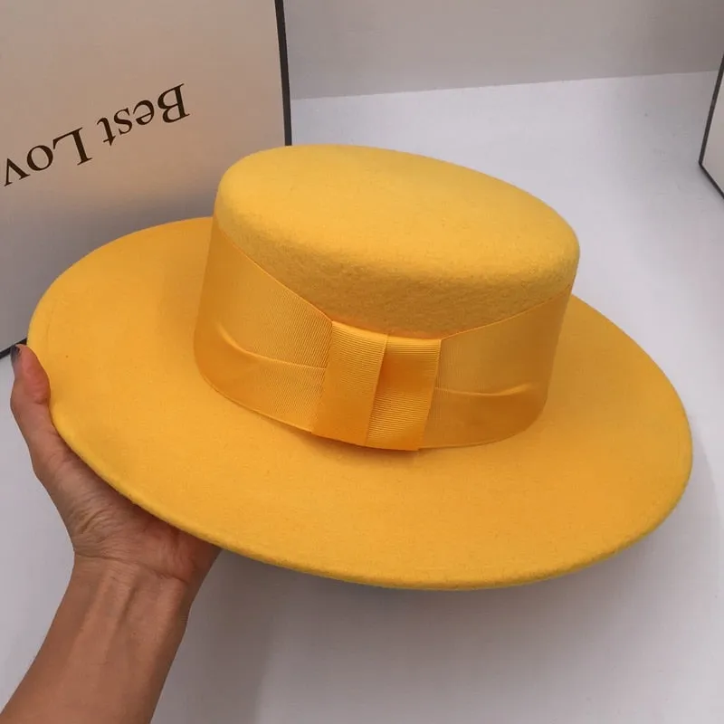 Women's Casual Winter Yellow Wool Flat Wide Brim Fashion Hats