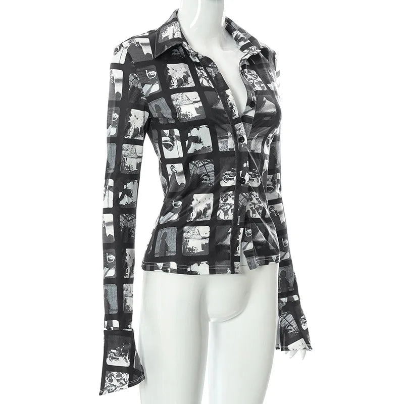 Women's Fashion Sexy Button Graffiti Printed Casual Long Sleeve Blouse