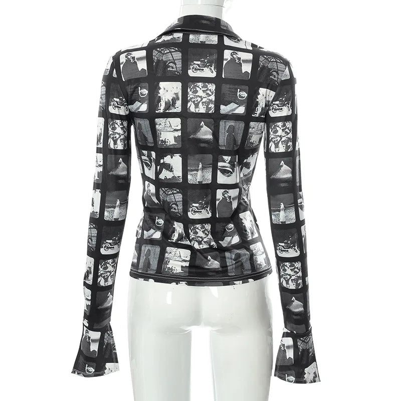 Women's Fashion Sexy Button Graffiti Printed Casual Long Sleeve Blouse