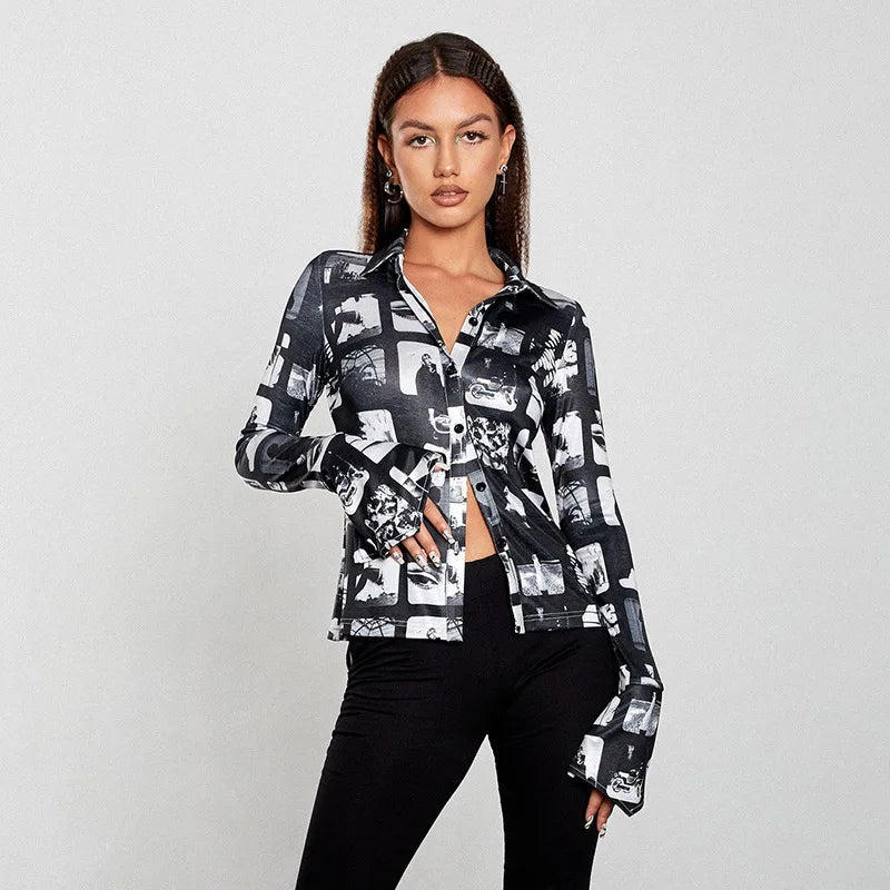 Women's Fashion Sexy Button Graffiti Printed Casual Long Sleeve Blouse