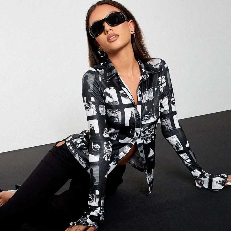 Women's Fashion Sexy Button Graffiti Printed Casual Long Sleeve Blouse