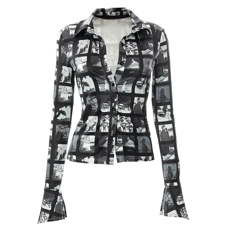 Women's Fashion Sexy Button Graffiti Printed Casual Long Sleeve Blouse