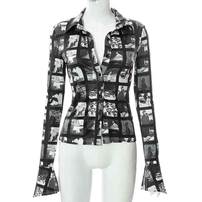 Women's Fashion Sexy Button Graffiti Printed Casual Long Sleeve Blouse