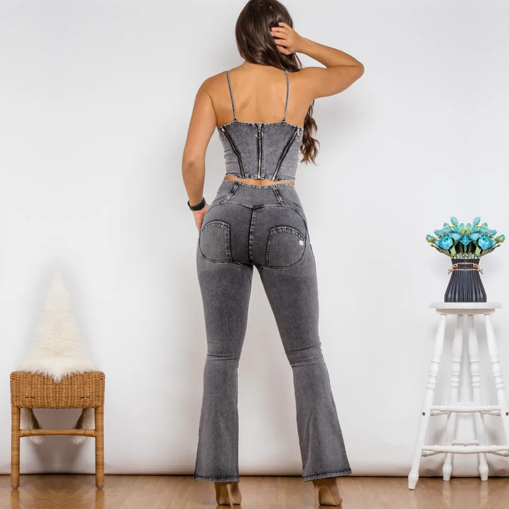 Women's Gray Zipper Top High Waist Push Up Flare Jeans Yoga Outfit Set