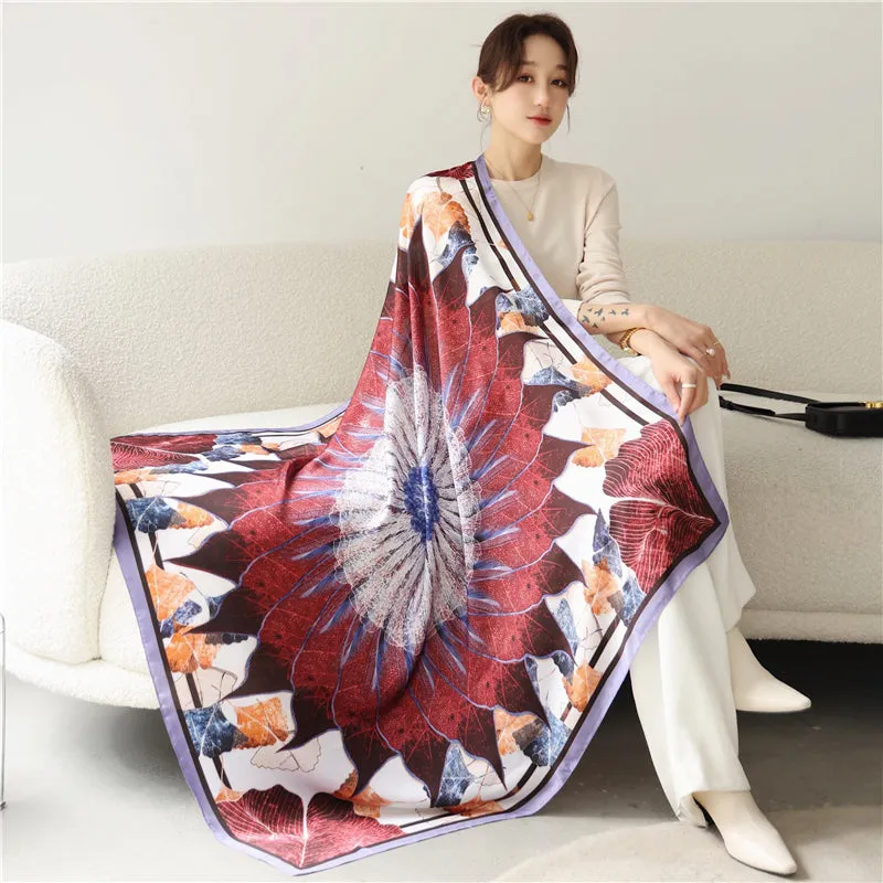 Women's Luxury Casual Fashion 110cm Silk Satin Printed Square Scarf