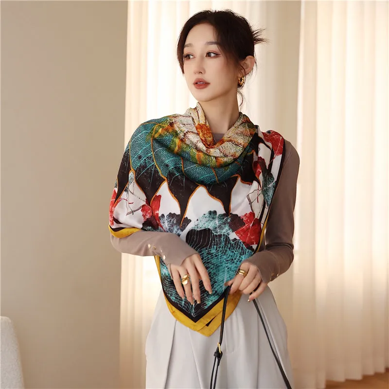 Women's Luxury Casual Fashion 110cm Silk Satin Printed Square Scarf