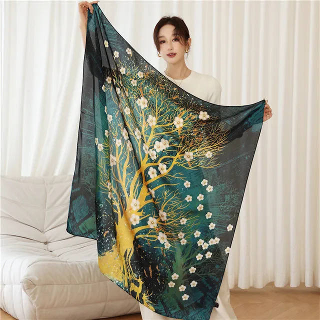 Women's Luxury Casual Fashion 110cm Silk Satin Printed Square Scarf