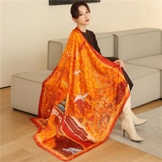 Women's Luxury Casual Fashion 110cm Silk Satin Printed Square Scarf