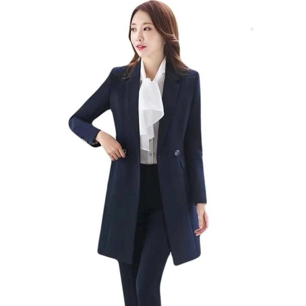 Women's Navy Blue Formal Solid Vest Puff Sleeve Blazer Mid Waist Pants 3pcs Suit