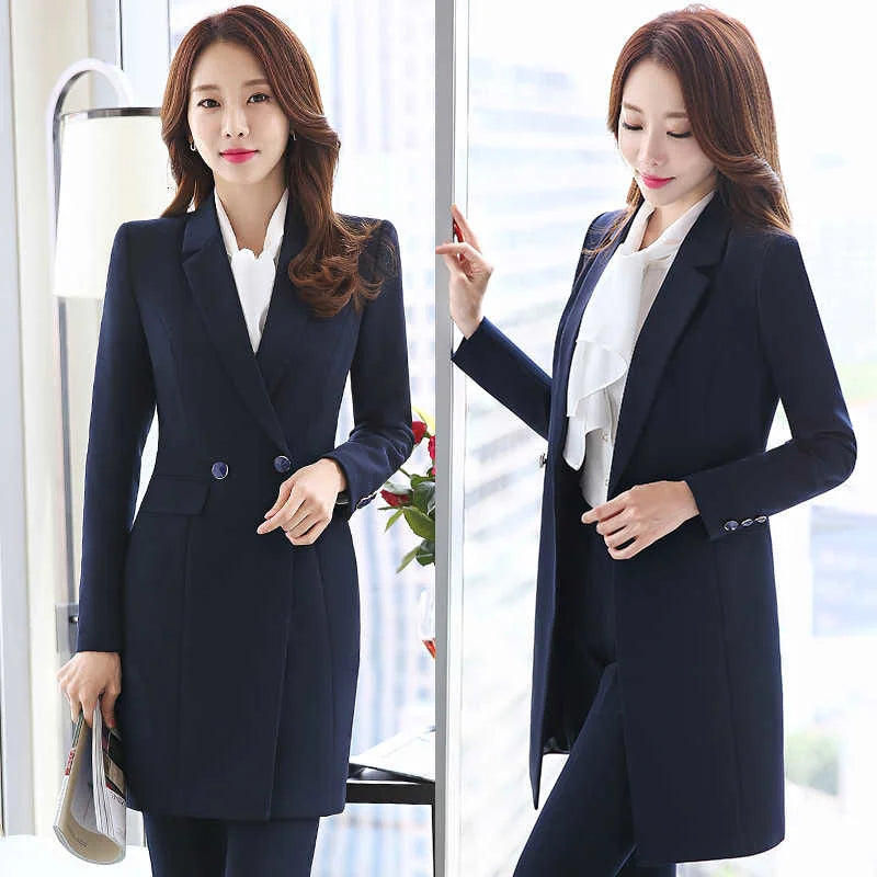 Women's Navy Blue Formal Solid Vest Puff Sleeve Blazer Mid Waist Pants 3pcs Suit