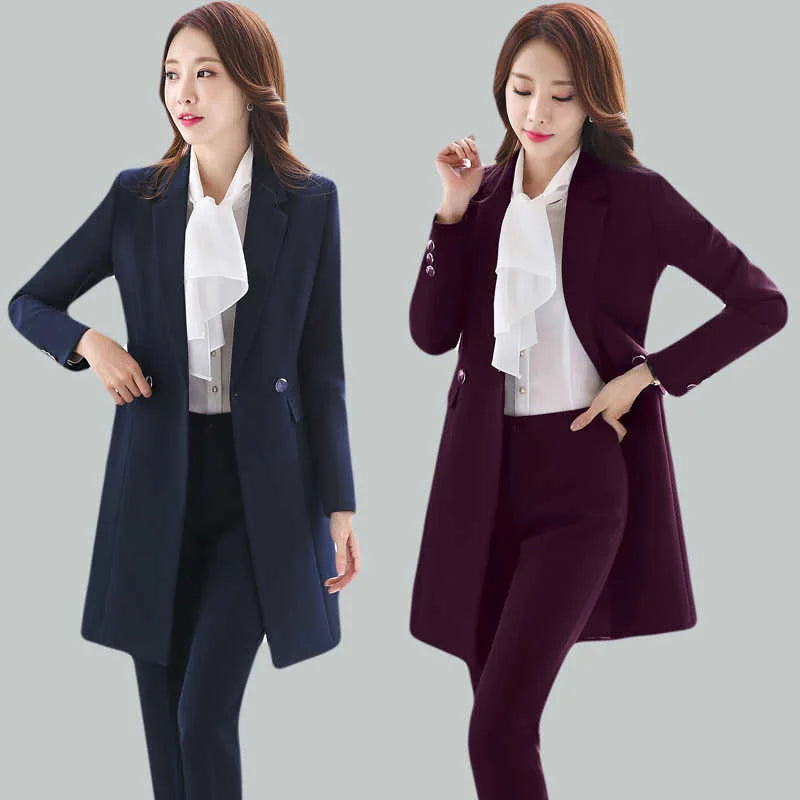 Women's Navy Blue Formal Solid Vest Puff Sleeve Blazer Mid Waist Pants 3pcs Suit