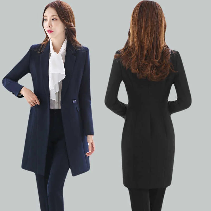 Women's Navy Blue Formal Solid Vest Puff Sleeve Blazer Mid Waist Pants 3pcs Suit