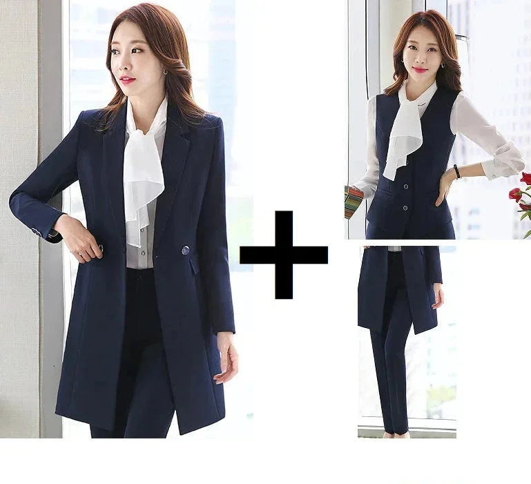 Women's Navy Blue Formal Solid Vest Puff Sleeve Blazer Mid Waist Pants 3pcs Suit