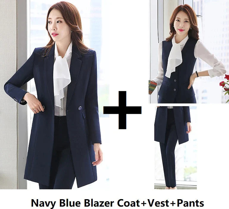 Women's Navy Blue Formal Solid Vest Puff Sleeve Blazer Mid Waist Pants 3pcs Suit