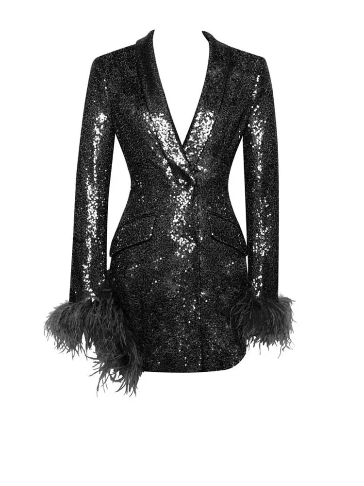 Women's Summer Single-Breasted Feather Panel Sequin Sexy Dress