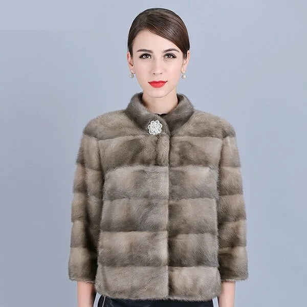 Women's Winter Leisure Fashion Natural Mink Fur Striped Jackets