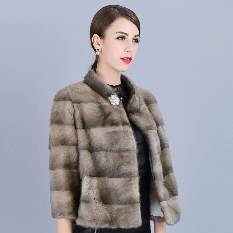 Women's Winter Leisure Fashion Natural Mink Fur Striped Jackets