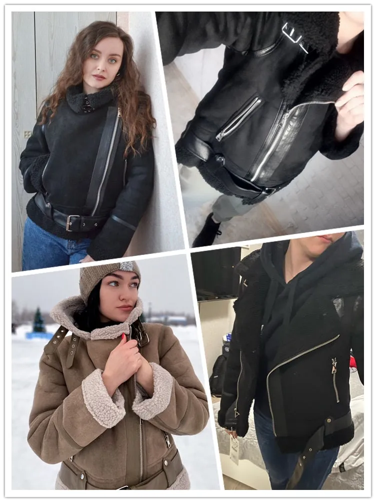 Women's Winter Warm Synthetic Shearling Sheepskin Leather Short Jackets