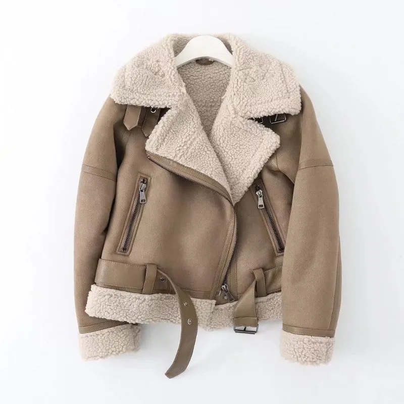 Women's Winter Warm Synthetic Shearling Sheepskin Leather Short Jackets