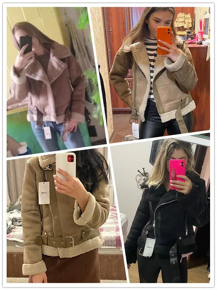 Women's Winter Warm Synthetic Shearling Sheepskin Leather Short Jackets