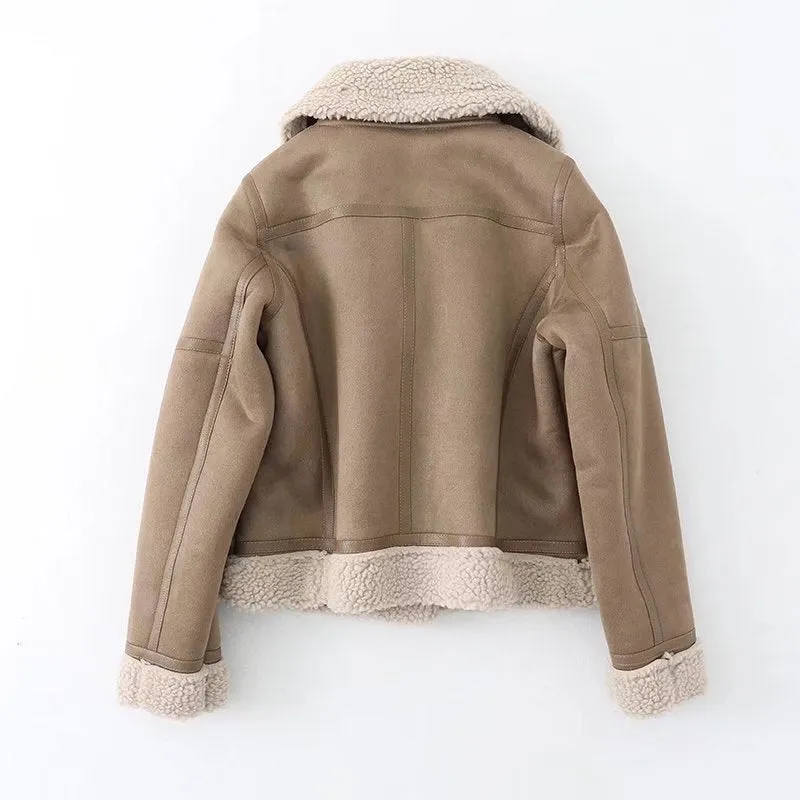 Women's Winter Warm Synthetic Shearling Sheepskin Leather Short Jackets