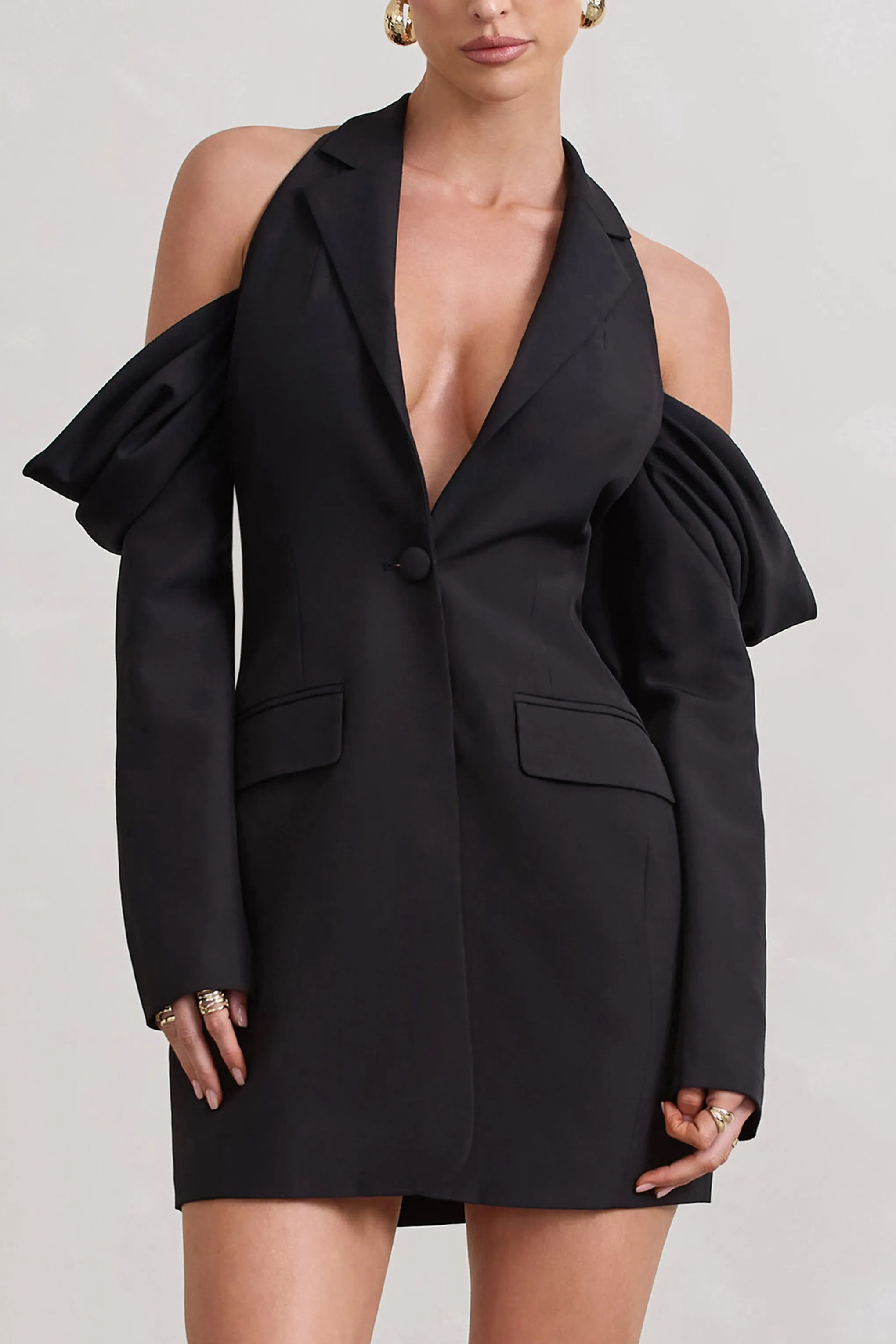 Your Night | Black Plunge Draped Blazer Dress