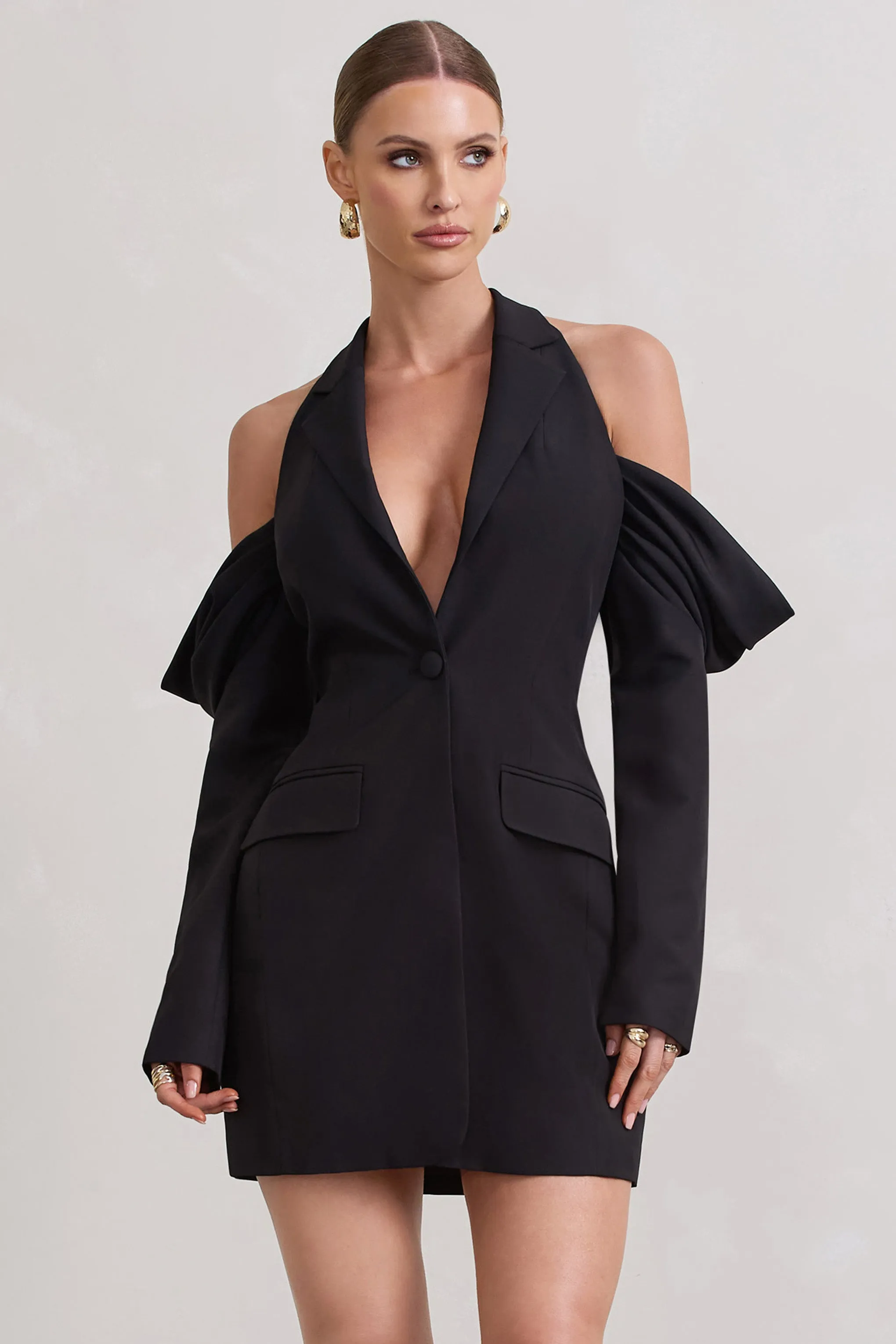 Your Night | Black Plunge Draped Blazer Dress