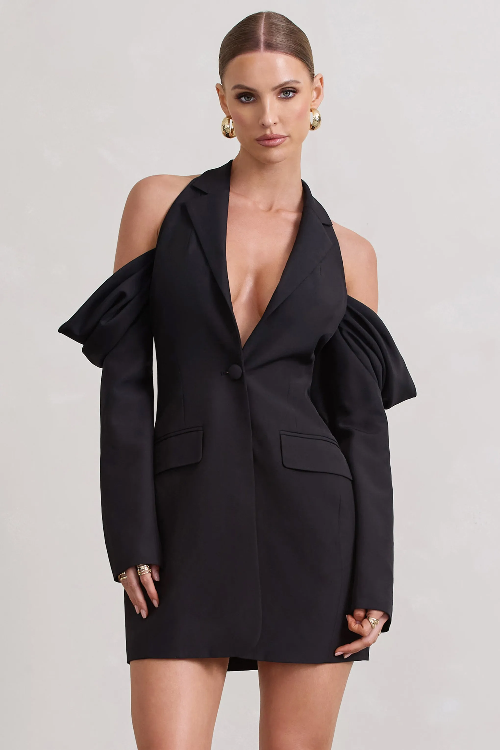 Your Night | Black Plunge Draped Blazer Dress